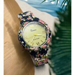Geneva Floral Pattern Watch Stainless Steel Blue with Pink Roses Flowers